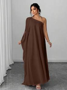 Elenzga Đầm tay cánh dơi cổ chéo đính nút trang trí cỡ lớn dành cho nữ - màu nâu - Xem 2