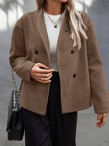 EMERY ROSE 女士纯色长袖双排扣休闲宽松夹克，秋冬 - 咖啡棕 - 查看 5