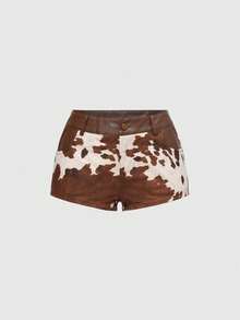 ROMWE Grunge Punk Bộ 2 món áo crop top và quần short mini họa tiết động vật phương Tây cổ điển dành cho nữ - màu nâu - Xem 8