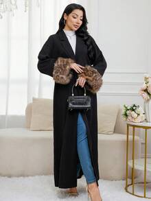 Al Najma 保守袖口女士长款开襟阿巴雅长袍，女士长款外套，迪拜奢华长款外套，女士秋季服装，女士冬季外套 - 黑色 - 查看 2