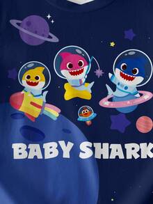 BABY SHARK X SHEIN 小男孩可爱字母和鲨鱼印花圆领短袖T恤，夏季 - 白色 - 查看 5