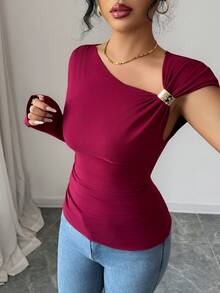SHEIN Elenzya Women's Solid Color Metal Decor Asymmetric Collar Fitted Fashionable Blouse - Red Violet - View 6