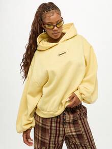 SUMWON WOMEN 街头服饰超大连帽衫黄色柔和色块连帽运动衫，带有文字标志，都市风格现代时尚秋冬分层必备品 - 黃色 - 查看 5
