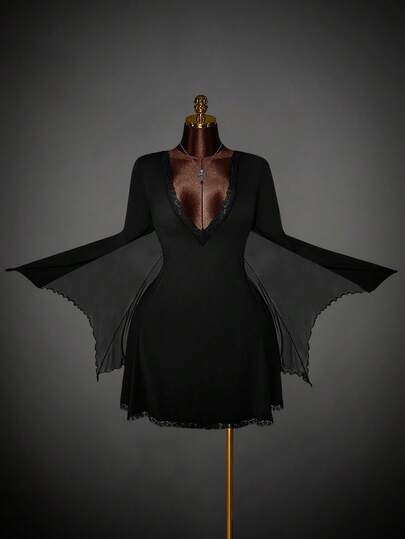 Amplova 大码性感露背蝙蝠袖万圣节连衣裙