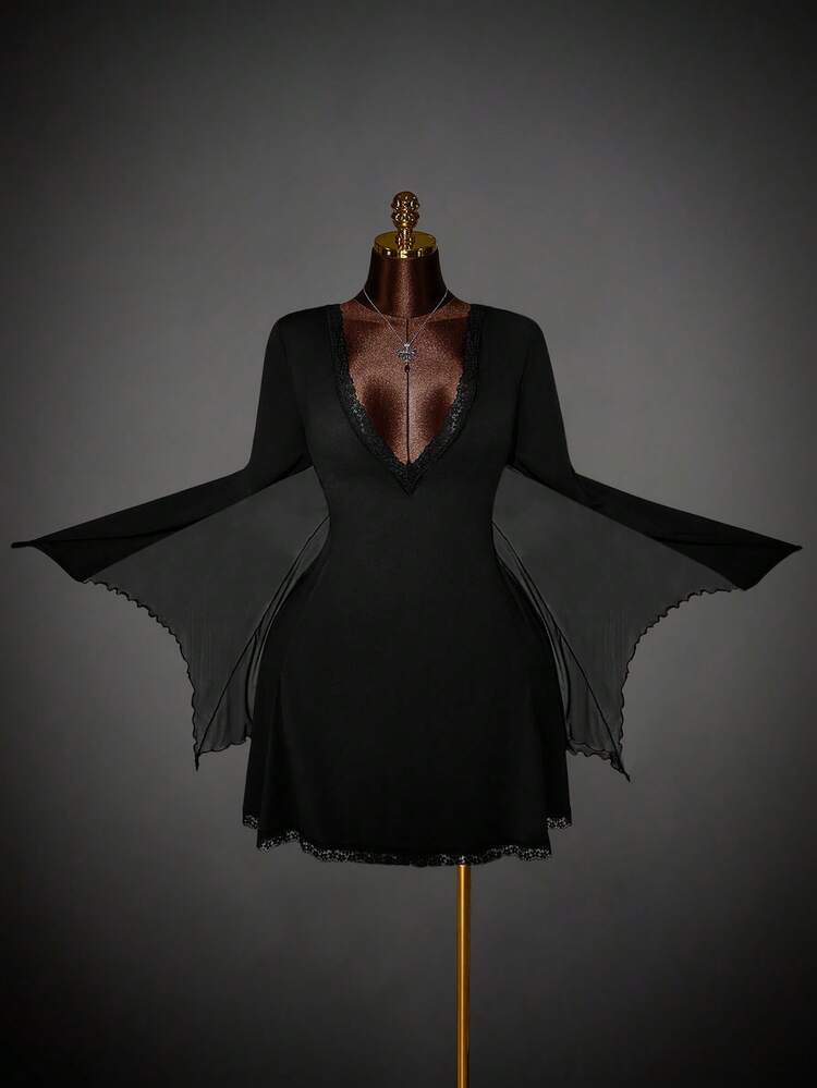 Y2K Amplova Plus Size Sexy Backless Batwing Sleeve Halloween Dress Witchy Dress Goth Dress Bat Dress Vampire Dress