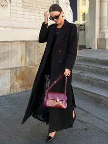 Lavishia Long Lapel Button Pocket Black Woolen Coat Fall Winter New Year Christmas Elegant - Black - View 4