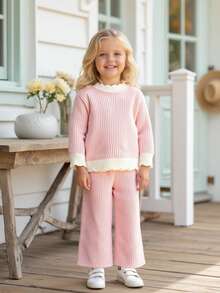 مجموعة من قطعتين للفتيات الصغيرات، كنزة صوفية محبوكة بأكمام طويلة وياقة طاقم بلون واحد + بنطلون محبوك واسع الساق، طقم أنيق وعصري للاستخدام اليومي مناسب للخريف/الشتاء