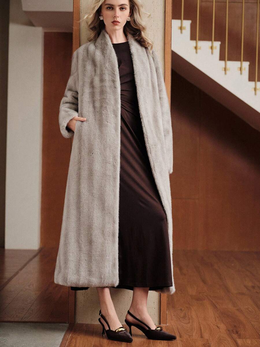 Uhlyne 时尚水貂皮长款大衣，秋冬新品 - 淺灰色 - 查看 1