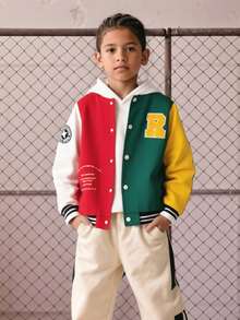 SHEIN Explorewe 男大童標語圖案撞色學院風夾克無連帽衫 - 彩色 - 查看 7