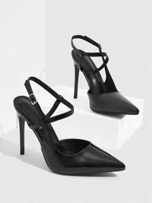 CUCCOO SZL 女士尖头高跟鞋，亮黑色材质，时尚性感夜店派对走秀踝带超高跟鞋 - 黑色 - 查看 4