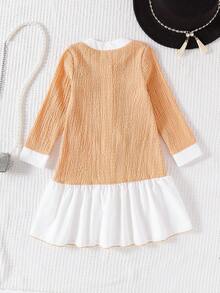 Young Girl' Black & White Color Block Pearl Button Patchwork White Hem Dress - Orange - View 2