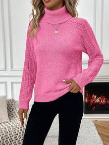 SHEIN Women's High Neck Solid Color Raglan Sleeve Casual Knit Pullover Sweater, Christmas - Hot Pink - View 6