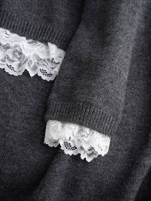 Franclia Bộ 2 áo len dệt kim cổ chữ V viền ren, thời trang cho mùa thu/đông - Màu xám đen - Xem 4