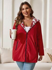 Reflora Plus Size Women Geometric Print Reversible Long Sleeve Casual Hooded Loose Jacket, Suitable For Autumn And Winter Fall - Red - View 5