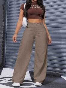SHEIN ICON Plus Size Solid Color Casual Straight Loose Fit Jeans - Coffee Brown - View 6