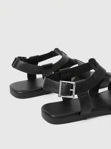 多功能单扣平底凉鞋，非软底沙滩拖鞋 - 黑色 - 查看 4