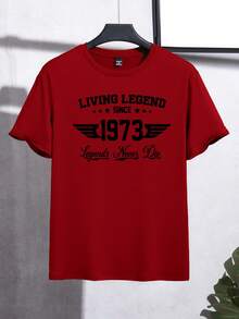 Manfinity Homme 1973 传奇经典图案短袖 T 恤，男士复古风格 T 恤 - 紅色 - 查看 3