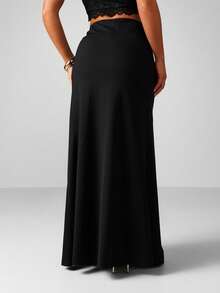 MISSGUIDED 褶饰侧裹式黑色超长裙，优雅长及地面晚会紧身裙 - 黑色 - 查看 4