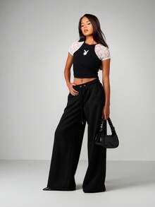 Missguided x Playboy Wide Leg Relaxed Fit Soft Fleece Jogger Sweatpants With Lace Letter Applique Design