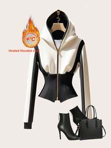 SHEIN Clasi Chaqueta de moda con capucha, cremallera, puntada de espina de pescado y contraste de color para mujer de talla grande, ropa de otoño e invierno para mujeres - Blanco y Negro - Ver 6