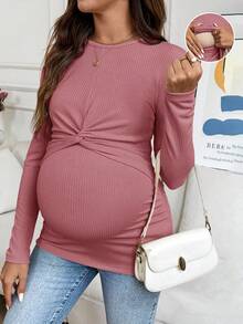 SHEIN 孕妇纯色圆领长袖扭腰设计休闲哺乳上衣 - 粉色 - 查看 1