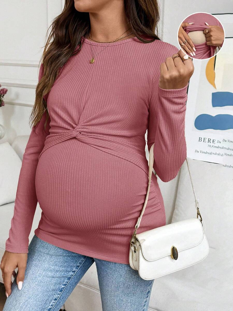 SHEIN 孕妇纯色圆领长袖扭腰设计休闲哺乳上衣 - 粉色 - 查看 1