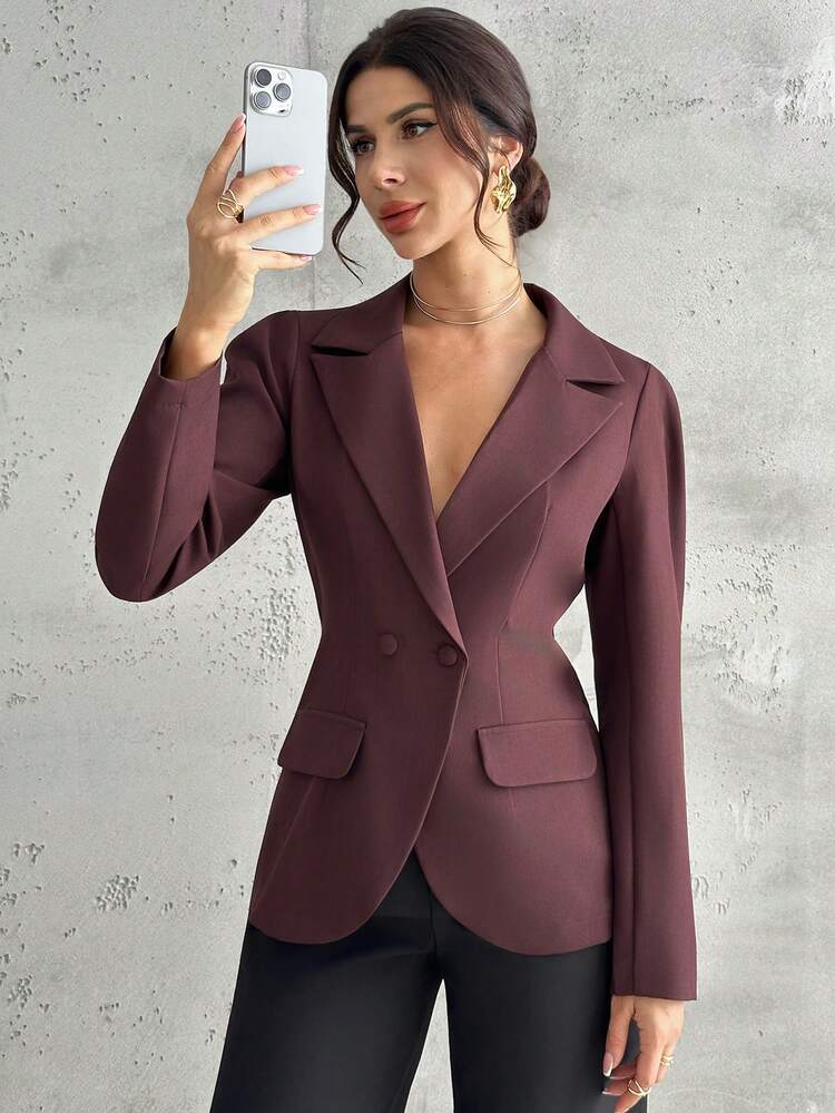 Firerie Women's Solid Color Lapel NeckLong Sleeve Double-Breasted Casual Blazer, Autumn - Burgundy - View 5