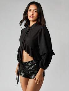 MISSGUIDED Ruffle Curved Hem Blouse Long Balloon Sleeve Tie Neck Office Professional Top