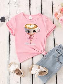 SHEIN Young Girls' Casual Fashion Creative Cute Cartoon Ballet Girl Graphic Print Basic Short T-Shirt, Suitable For Girly Outfits - Pink - View 5
