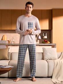 Manfinity Underwear&Sleepwear Basics 男士格子印花拼接口袋长袖上衣和宽松长裤家居服套装，秋冬款，圣诞节 - 棕色 - 查看 4