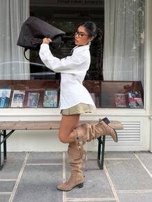 SHEIN EZwear 女式白色束腰长袖衬衫（配领带） - 白色 - 查看 5