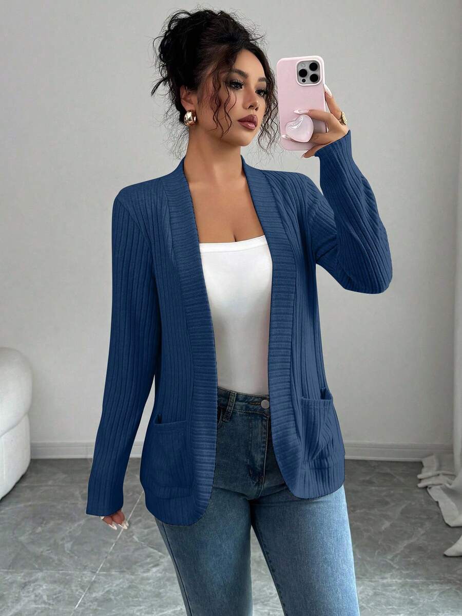 SHEIN PETITE Veste légère décontractée pour femmes, à côtes, brossée, à l'avant ouvert, avec poches latérales - Bleu azur - Voir 1