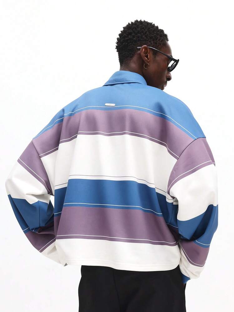 SUMWON Men's Regular Fit Horizontal Striped Rugby Polo With Embroidered Brooklyn Script Casual
