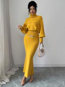 SHEIN Elenzya 女式秋冬 Anneusta 上衣，适合度假、独立日、劳动节、哥伦布日、感恩节、情人节、街头风格、复古风、斯堪的纳维亚风、垃圾摇滚风、韩式风格、休闲装、工作服、教师装、返校装、哥特风、办公室装、商务休闲装、金黄色高领针织毛衣两件套 - 黃色 - 查看 6