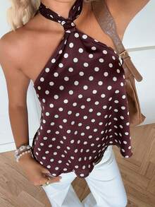 MainGRL Summer Tops  Brown Party Women's Summer Fashion Halter Tie Polka Dot Print Blouse Chocolate Brown Top Pokadot Top Halter Tops For Women - Coffee Brown - View 5