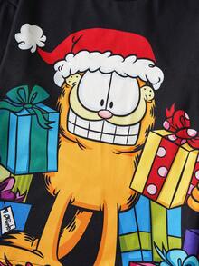 GARFIELD | SHEIN 2-teiliges Weihnachts-Katzen- und Geschenkbox-Muster-Top und rot-schwarz karierte Hose Pyjama-Set für Tween-Jungen, Herbst/Winter