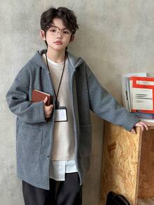 DAZY Tween Boy Solid Color Drop Shoulder Long Sleeve Single-Breasted Casual Loose Hooded Overcoat, Autumn/Winter - Grey - View 5