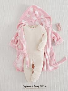 Cozy Pixies 女婴保暖连帽长袖系腰长袍，带星星和月亮图案，厚实保暖，适合冬季，粉色