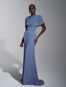 Elitara Elegant, Romantic, Sexy, Fashionable, Grayish Blue, Elastic Mesh Fabric, Ruffle Decor, Fishtail Hem, Trailing, Influencer, Festival, Vacation, Birthday Party, Wedding Event, Bridesmaid Dress