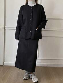 DAZY 2 件套女士休闲宽松绗缝长袖夹克和长直筒裙套装，秋冬 - 黑色 - 查看 5