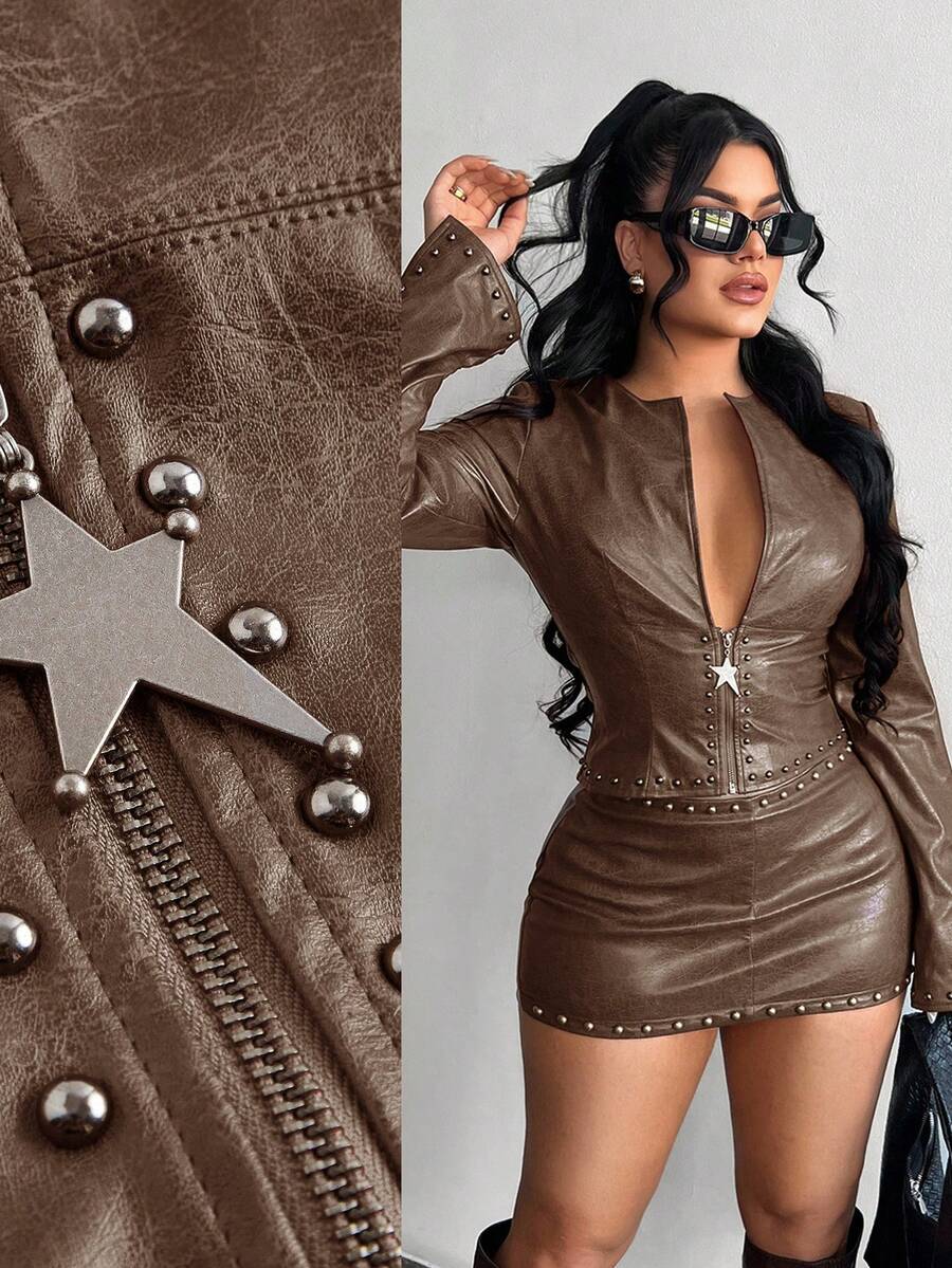 SHEIN SXY 街头风长袖皮夹克,秋冬女款PU皮棕色夹克 - 卡其色 - 查看 1