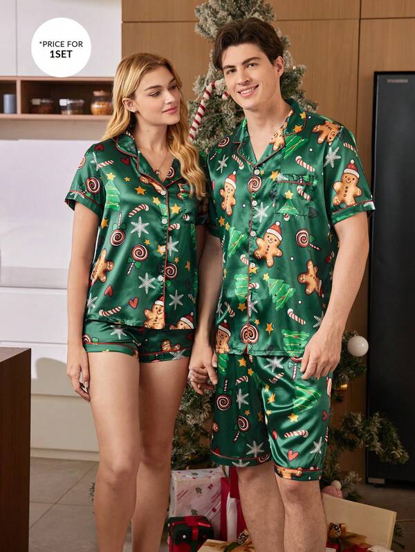 CoupledUp Christmas Cute Cartoon Gingerbread Man Pattern Satin Cardigan Men Pajama Set Couple Matching Pajamas Set