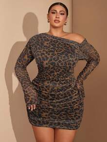 SHEIN BAE Plus Allover Print Asymmetrical Neck Bodycon Dress