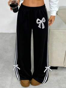 Teen Girl Bow Print Elastic Waist Side Stripe Wide Leg Casual Pants - Multicolor - View 3