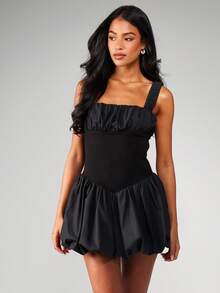 MISSGUIDED Sleeveless Square Neck Ruched Mini Dress With Elastic Waist And Balloon Hem For Party Evening Occasions