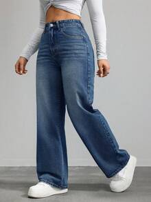 SHEIN CURVE+ Spring Plus Size Women Cowgirl Blue Non-Stretch Skinny Straight Leg Jeans, Spring - Medium Wash - View 3