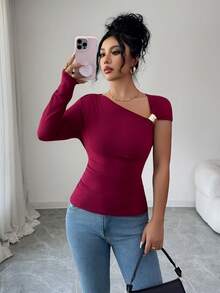 SHEIN Elenzya Women's Solid Color Metal Decor Asymmetric Collar Fitted Fashionable Blouse - Red Violet - View 5