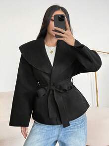 SHEIN PETITE Women Elegant Commuting Black Coat Plain Front Tie Long Sleeve Pocket Simple Casual Jacket In Fall/Winter - Black - View 7