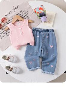 SHEIN Baby Girl Cute Summer Casual Knitted Pink Top & Heart Pattern Elastic Waist Denim Pants 2-Piece Set - Multicolor - View 2
