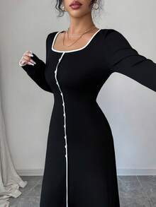 Elenzga Vestido casual elegante de mujer con cuello cuadrado, mangas raglán, cintura recogida y abotonadura decorativa en bloques de color, para otoño/invierno - Negro - Ver 3